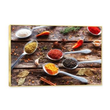 Imagem de NHLDZYH Moldura dourada. Arte de parede em tela de especiarias coloridas e colher de tempero | Decoração de cozinha vintage | Arte moderna para casa e sala de jantar. C84. 30 x 45 cm-11,8 x 17,7 pol