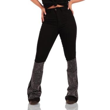 Imagem de Calça Jeans Preta Courves Strass Brilhos Pratas Moda Country Cintura A
