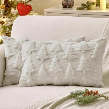 Imagem de MIULEE Capa de almofada decorativa para árvore de Natal, conjunto de 2 fronhas de lã sintética de pelúcia branca creme, decoração de casa para sofá, sofá, cama, varanda e sala de estar
