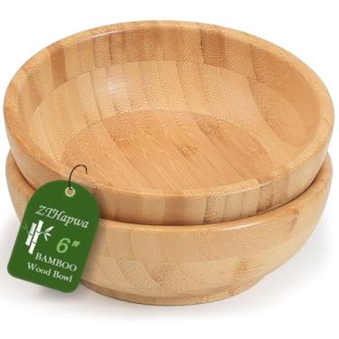 Imagem de ZTHapwa Tigelas de madeira de bambu, tigela de servir redonda de 15 cm para saladas/frutas/massas/legumes, tigela de sopa rasa artesanal para entretenimento e festa, tigelas de madeira leve rústica