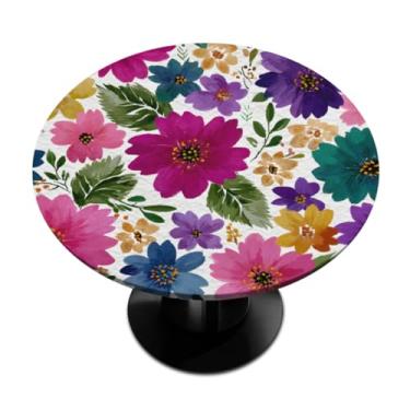 Imagem de Pardick Toalha de mesa redonda ajustada com borda elástica, flor étnica colorida, toalha de mesa redonda, impermeável, limpável, para piquenique, pátio, serve para mesas de até 91 cm a 106 cm de