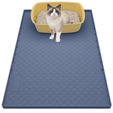 Imagem de Tapete de areia grande de silicone para gatos 86 x 56 cm, tapete para caixa de areia, tapete de armadilha de areia para gatos, antiderrapante e impermeável, bordas elevadas, azul