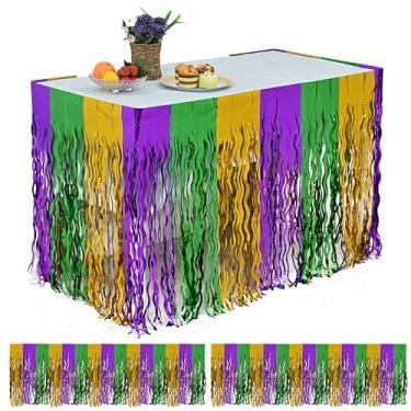 Imagem de Saia de mesa de carnaval, 2 peças de saias de mesa com franjas metálicas de 73 x 272 cm, saia de mesa roxa verde e dourada para decorações de festa de Carnaval de São Patrício