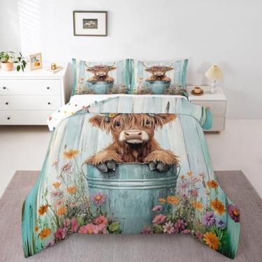 Imagem de Conjunto de cama de vaca Highland para meninas, gado, touro, flor, farmhosue, estampa floral, animais ocidentais, engraçados, de madeira, para crianças, meninos e adolescentes