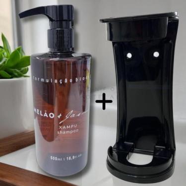 Imagem de Kit Dispenser Shampoo Luxo 500ml Melão e Jasmim com Suporte Preto  Rea