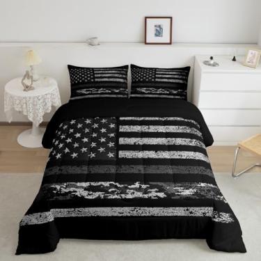 Imagem de Homewish Conjunto de edredom casal com bandeira americana, camuflagem cinza, para adultos, adolescentes, estilo retrô, conjunto de colcha de luxo com tema de casa de fazenda, 3 peças