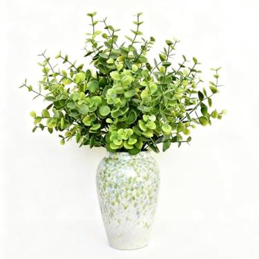 Imagem de Hastes artificiais de eucalipto de 33 cm em vaso de cerâmica salpicado verde e azul, peça central de mesa para decoração de casa, arranjo de planta de eucalipto falso para sala de estar, escritório