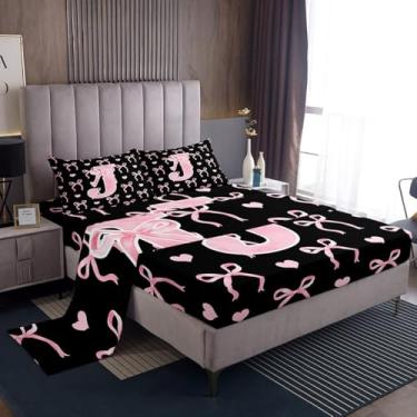 Imagem de Erosebridal Jogo de lençol casal com letra letra J com laço preto e rosa, geométrico, fofo, coração, ombré, princesa, lençol de cima, lençol de cima