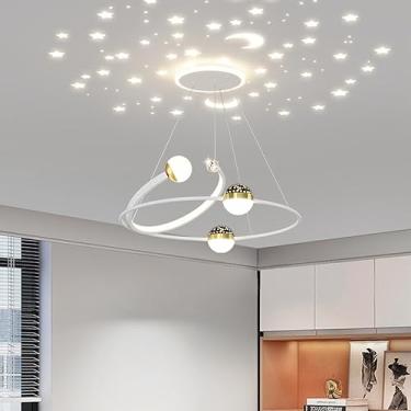 Imagem de Luminária pendente LED moderna para mesa de jantar, com design de céu estrelado, controle remoto, elegante design em anel, lustre para escritório, cozinha e sala de estar, altura ajustável (