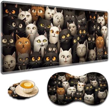 Imagem de Mouse pad grande para jogos + suporte de pulso + porta-copos de café, almofada de mesa com bordas costuradas, conjunto antiderrapante adequado para trabalho de escritório e casa - um grupo de gatos