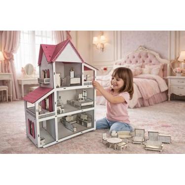 Imagem de Casinha de Boneca Grande em Madeira MDF 60cm – Casa de Brinquedo com 30 Mini Móveis, Modelo Aberto, Uso Infantil (Cor Aleatoria)