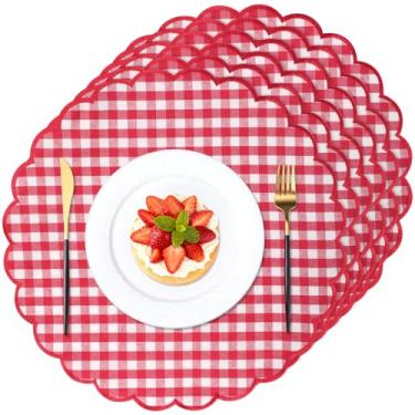 Imagem de Gandeer Conjunto de 6 jogos americanos redondos de linho de algodão de 38 cm com bordado recortado, lavável, camada dupla, tapete de mesa de jantar rústico, tecido decorativo para hotel, restaurante