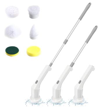 Imagem de Escova de Limpeza Banheiro Sem Fio com 6 Cabeças Substituição IPX4 e Braço Extensão Duplo para Parede Azulejo Chão