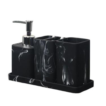 Imagem de Lindos conjuntos de acessórios de banheiro de resina, conjunto completo de 4 peças de acessórios, inclui dispensador de loção, copo de enxaguante bucal, suporte de escova de dentes e bandeja para