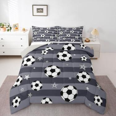 Imagem de jejeloiu Conjunto de edredom de futebol cinza para crianças, meninos, meninas, jogo de bola de futebol, edredom de microfibra, 2 peças com 1 fronha