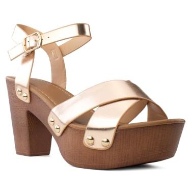 Imagem de RF ROOM OF FASHION Sandália feminina Peep Toe com tira no tornozelo e salto grosso plataforma, Ouro rosa metálico - salto de madeira sintética, 36