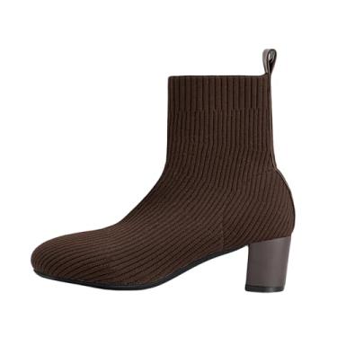 Imagem de Letuwj Bota feminina de cano curto, bico redondo, salto baixo, confortável, de malha elástica para outono e inverno, Marrom, 36 BR