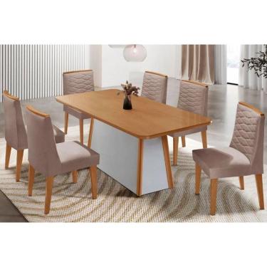 Imagem de Conjunto Sala de Jantar Tilia c/ Tampo Madeirado Canto Curvo 180x90cm e 6 Cadeiras Maldivas Madeira Maciça Naturale/Off White - Capuccino/Linho Capucc