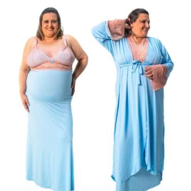 Imagem de Kit Robe Longo com Camisola Amamentação Longa Plus Size Feminino Renda