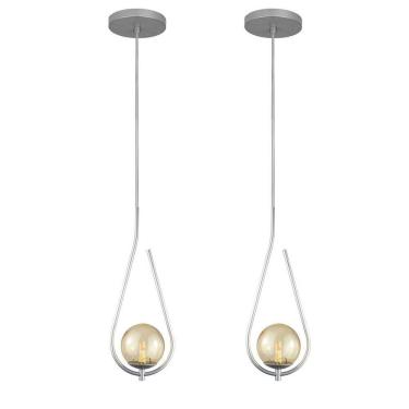 Imagem de Kit 2 Pendentes Lustres On Drop Prata Globo De Vidro Ambar