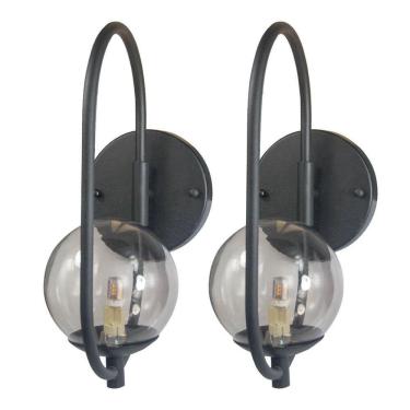 Imagem de Kit 2 Arandela Online Preta Globo De Vidro Fume + Led 5w