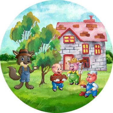 Imagem de Painel de Tecido Sublimado Redondo Lobo mal e os Três Porquinhos Flore