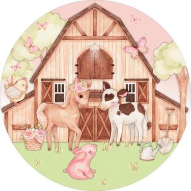 Imagem de Painel de Lona Redondo Fazendinha Aquarela Animais Cute Fundo Rosa Aqu