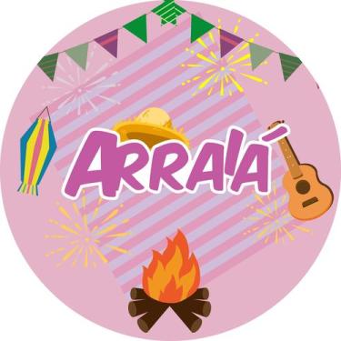 Imagem de Painel de Tecido Sublimado Redondo Arraiá Rosa Fogos e Fogueira c/ Elá