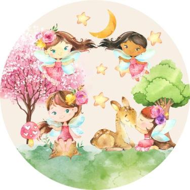 Imagem de Painel de Lona Redondo Floresta das Fadas e Estrelas Aquarela - Fabrik