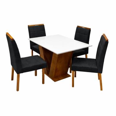 Imagem de Mesa de Jantar Classic 120x80cm com Vidro e 4 Cadeiras Giulia em Veludo Estofadas Cel Móveis Cor Cinamomo Off White com Tecido Preto
