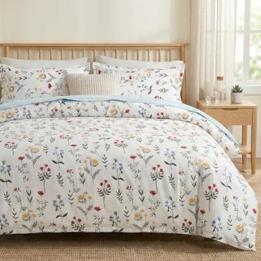 Imagem de Cozaline Conjunto de edredom King Size 100% algodão floral vermelho e amarelo com fecho de zíper, conjunto de cama botânico macio e respirável para todas as estações