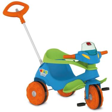 Imagem de Triciclo Velobabay Passeio e Pedal com Haste Direcionável e Cercado de Proteção Azul Brinquedos Bandeirante