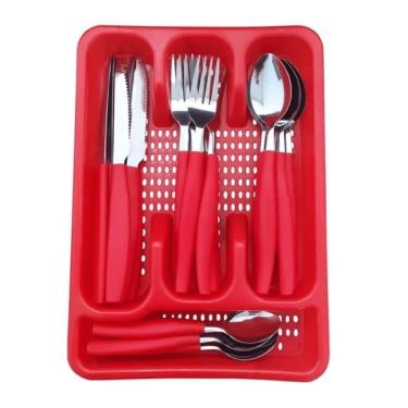 Imagem de Conjunto de Talheres 25 Peças Aço Inox e Plástico com Suporte Vermelho Original Line