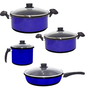 Imagem de Conjunto de Panelas Esmaltadas, Caneco e Frigideira Azul de Agatha com 4 Tampas de Vidro