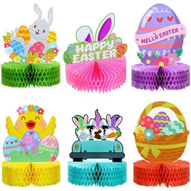 Imagem de 6 peças de centro de colmeia de Páscoa, 17 x 21 cm, decoração de dia de Páscoa, bolas de coelhinho de Páscoa, topos de mesa, placas de centro de papel de Páscoa para decorações de mesa 3D de Páscoa