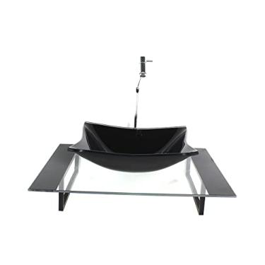 Imagem de KIT CUBA DE VIDRO RETANGULAR COM TAMPO 60CM PRETO E SUPORTE TORNEIRA VALVULA