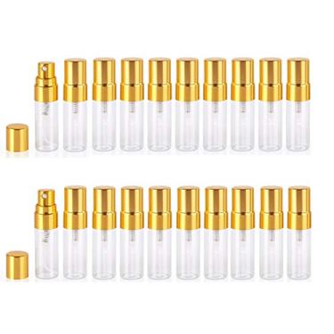 Imagem de Garrafa de vidro Atomizer, frasco de spray de 3 ml, perfume recarregável, mini, névoa fina, para viagem, frasco pequeno e vazio, frasco transparente com bocal de alumínio, 20 peças (dourado)