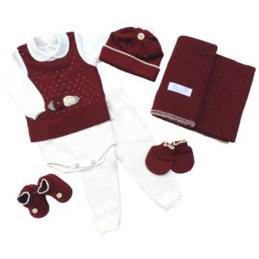 Imagem de Saida Maternidade Completa Recem Nascido Menino Menina 7 Peças Sanches Baby (Bordô com Natural)