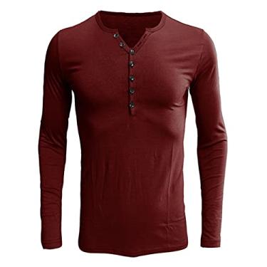 Imagem de NJNJGO Camiseta masculina casual slim fit Henley manga longa moda gola V camisetas, Vinho tinto, P