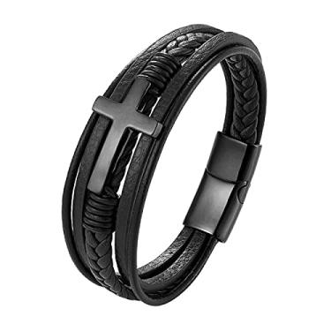 Imagem de ToneGrip Pulseiras de couro religiosas com cruz pulseira personalizada para homens e mulheres pulseira de couro de aço inoxidável multicamadas trançada, corrente masculina com fecho