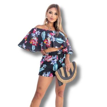 Imagem de Conjunto Cropped Cigana E Shorts Estampado Floral Colorido Auto Verão