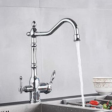 Imagem de Torneira dourada com filtro de cozinha, torneira de bronze com rotação 360, purificação, alça dupla, modo de água quente e fria, cromada