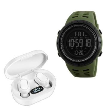 Imagem de Relógio de pulso estilo militar SKMEI 1251, pulseira cor verde + Fones Bluetooth E7S branco, e 90 dias de garantia de fabricação, Combo T&T ELECTROTECH 065.