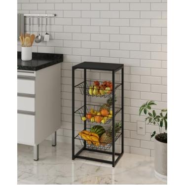 Imagem de Fruteira de Chão Para Cozinha Grécia Base de Ferro Preto Tampo de Madeira Preto