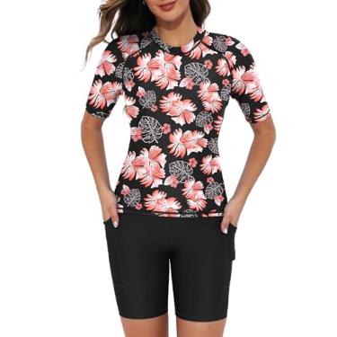 Imagem de Tournesol Camiseta feminina de duas peças Rash Guard manga curta FPS 50+ sutiã embutido com shorts com bolsos, Flor de laranja, M