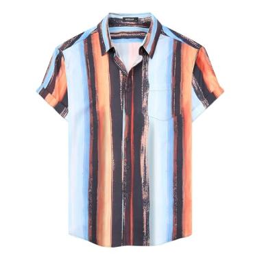 Imagem de MCEDAR Camisa masculina casual de botão manga curta listrada verão vintage praia férias camisa (tamanho P-5GG grande e alto), Laranja, azul, 152520, XXG