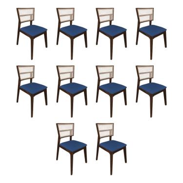 Imagem de  Kit 10 Cadeiras De Jantar Manuela Em Tela Assento Veludo Azul Base Em Madeira Maciça - Natural