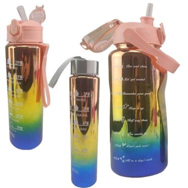 Imagem de Garrafa Motivacional Metalizada Kit 3 Uni Squeeze Agua Cha Suco Viagem Passeio Academia Treino