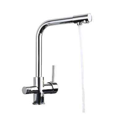 Imagem de Torneiras de cozinha pretas de latão para água purificada, torneira misturadora de pia de água quente e fria, montada no deck, alças duplas, torneira com filtro de água pura, guindaste, cromado