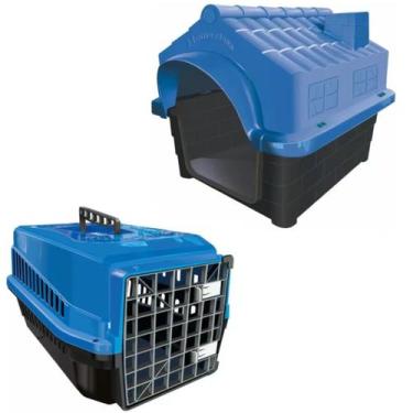 Imagem de Kit Casa Dog Pet N4 e Caixa Transporte Suporta Até 12kg Azul - MecPet